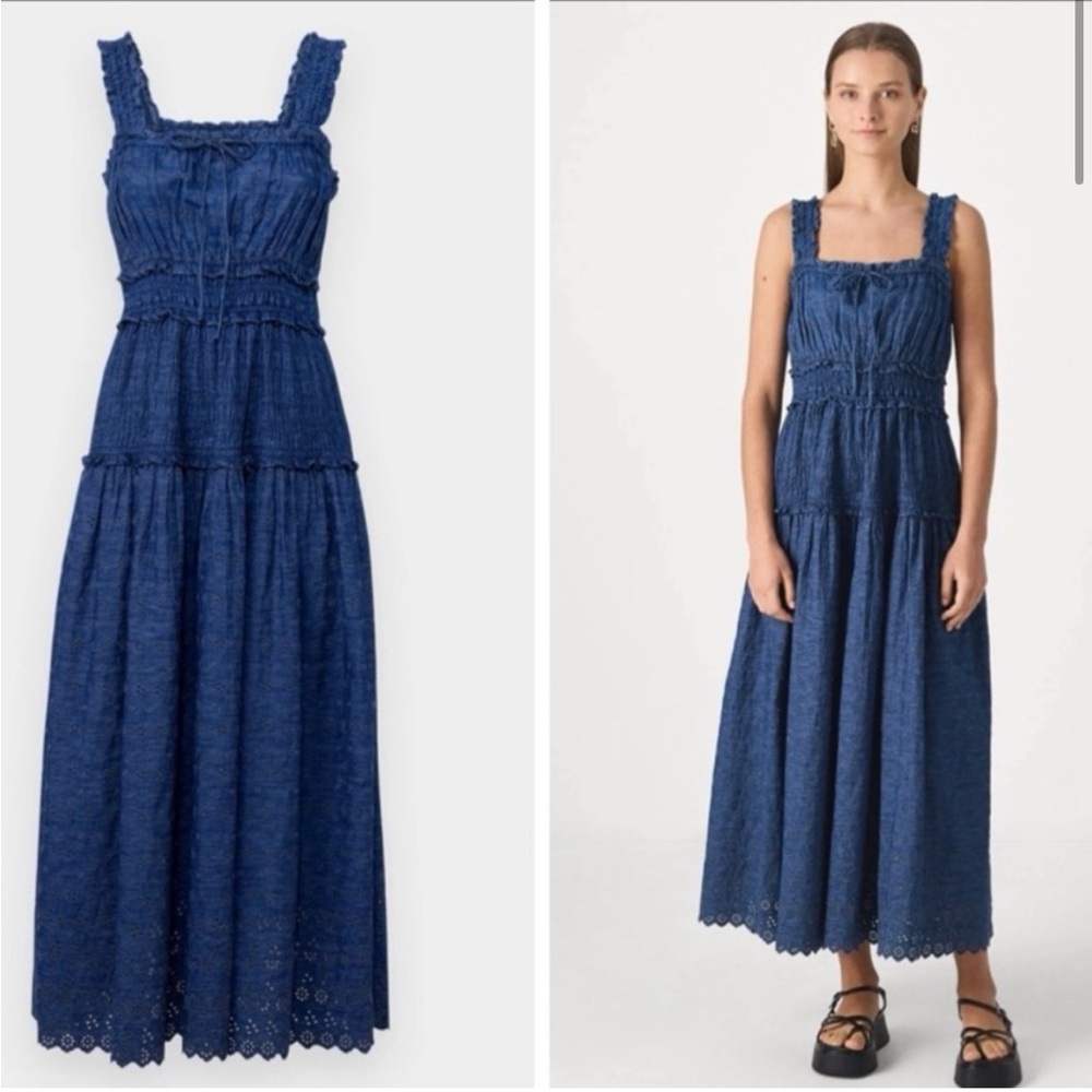 Gap x Doen Eyelet Denim Cotton Smocked Bodice Pullover Midi Dress Indigo L